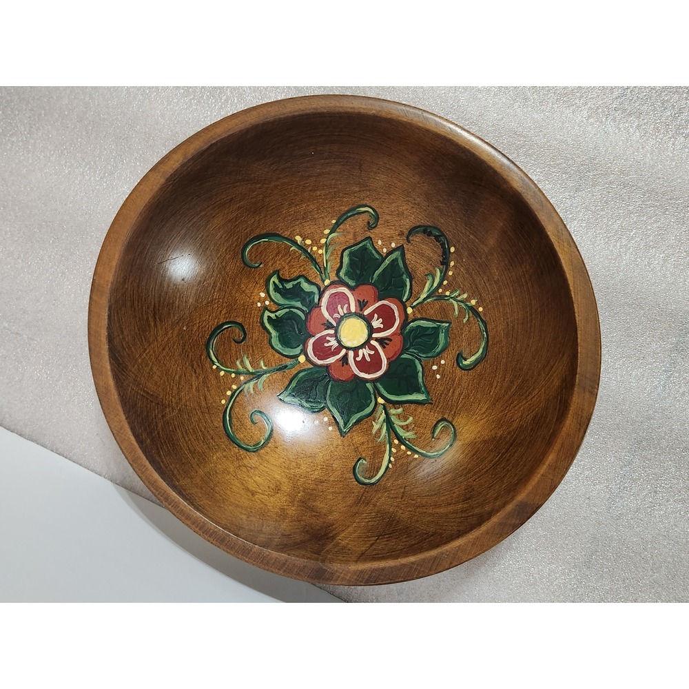 Vintage Hand Painted Wooden Folk Art Bowl Kennedy Brothers Vermont Floral 11in